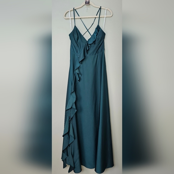 Lulus Stylish Grace Emerald Backless Lace-Up Ruffled Maxi Dress, Size Large - Picture 9 of 10
